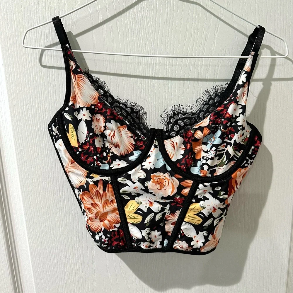 SHEIN VCAY Floral Print Eyelash Lace Trim Bustier Bra
